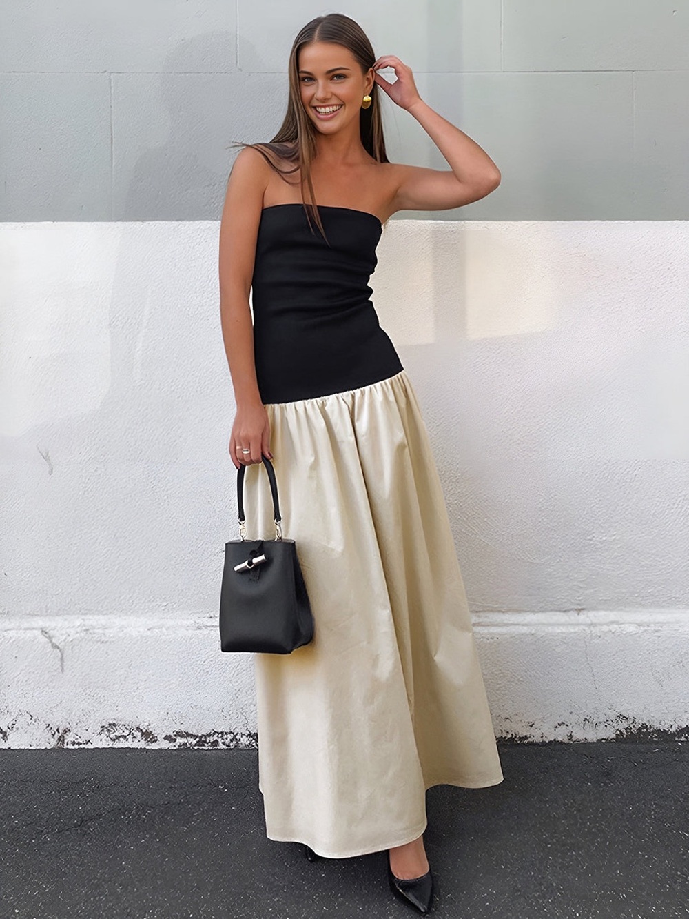 Commense Contrast Color Tube Long Dress